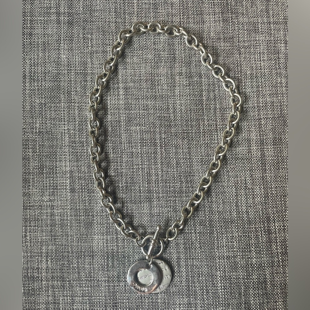Guess Silver Tone Chain Toggle Necklace with Engraved Love Charms